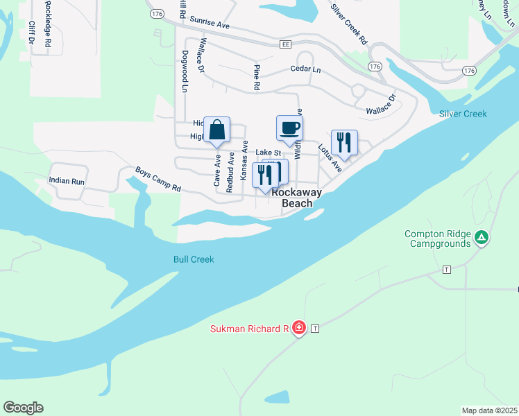 map of restaurants, bars, coffee shops, grocery stores, and more near 3015 State Highway 176 in Rockaway Beach