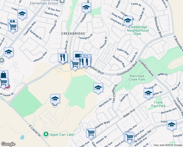 map of restaurants, bars, coffee shops, grocery stores, and more near 1049 Twin Creeks Drive in Salinas