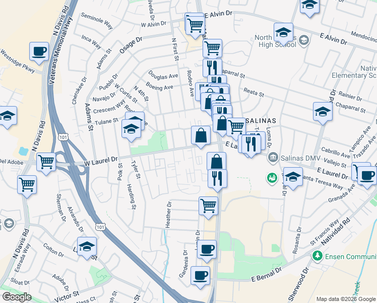 map of restaurants, bars, coffee shops, grocery stores, and more near 1153 Baldwin Street in Salinas