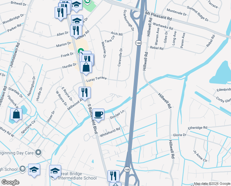 map of restaurants, bars, coffee shops, grocery stores, and more near 310 South Hill Lane in Chesapeake