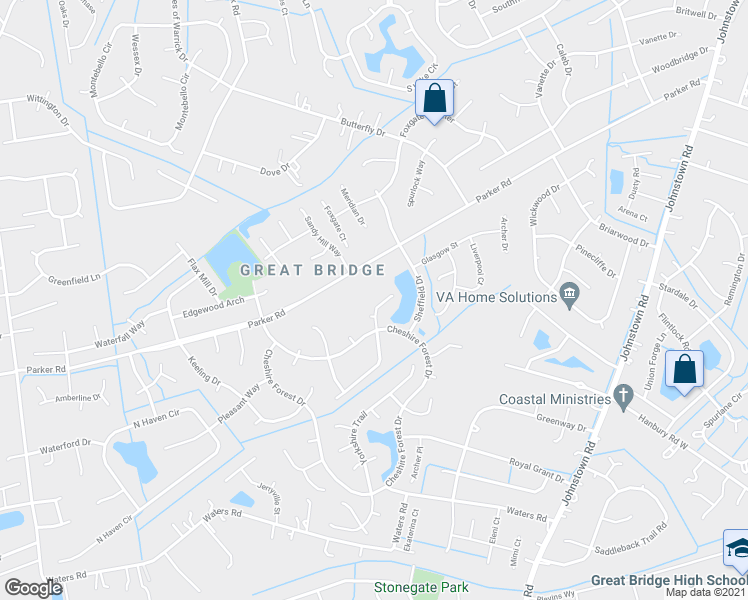 map of restaurants, bars, coffee shops, grocery stores, and more near 406 Dorchester Court in Chesapeake