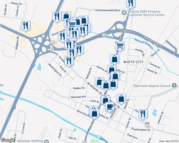 map of restaurants, bars, coffee shops, grocery stores, and more near 511 Belfield Dr in Emporia