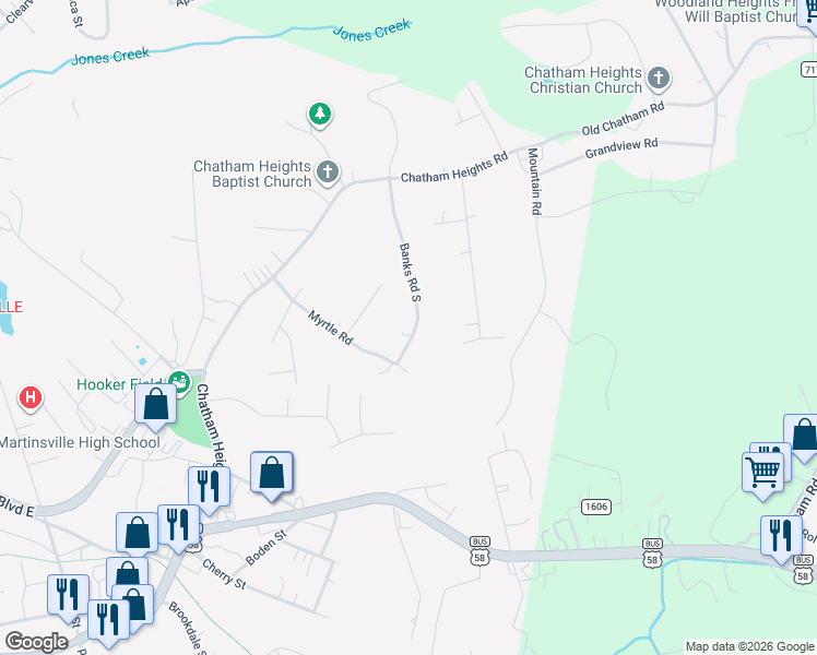 map of restaurants, bars, coffee shops, grocery stores, and more near 938 Banks Road South in Martinsville