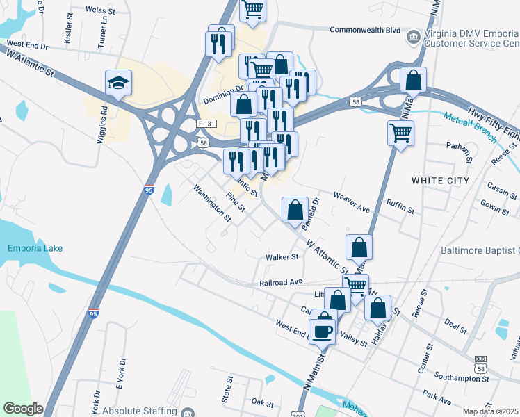 map of restaurants, bars, coffee shops, grocery stores, and more near 400-498 Pennsylvania Ave in Emporia