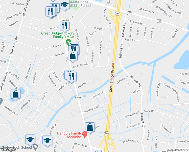 map of restaurants, bars, coffee shops, grocery stores, and more near 310 South Hill Lane in Chesapeake