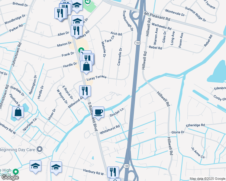 map of restaurants, bars, coffee shops, grocery stores, and more near 310 South Hill Lane in Chesapeake