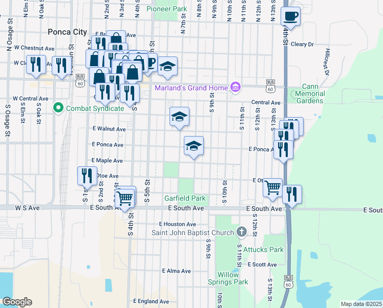 map of restaurants, bars, coffee shops, grocery stores, and more near 710 East Ponca Avenue in Ponca City