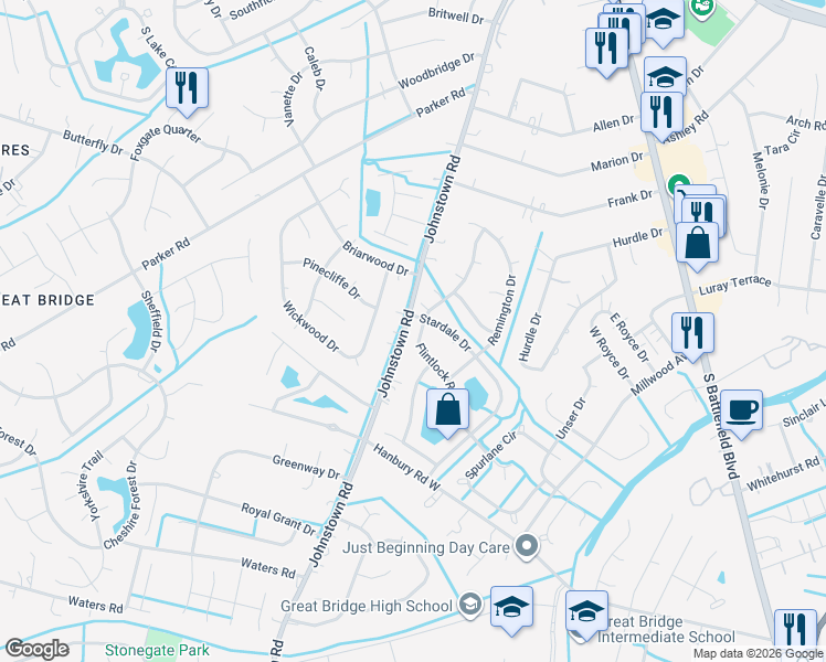 map of restaurants, bars, coffee shops, grocery stores, and more near 433 Flintlock Road in Chesapeake