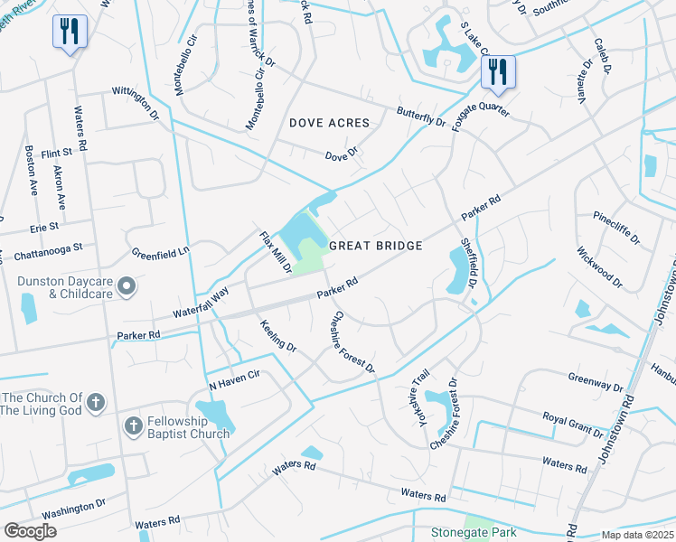 map of restaurants, bars, coffee shops, grocery stores, and more near 605 Edgewood Arch in Chesapeake