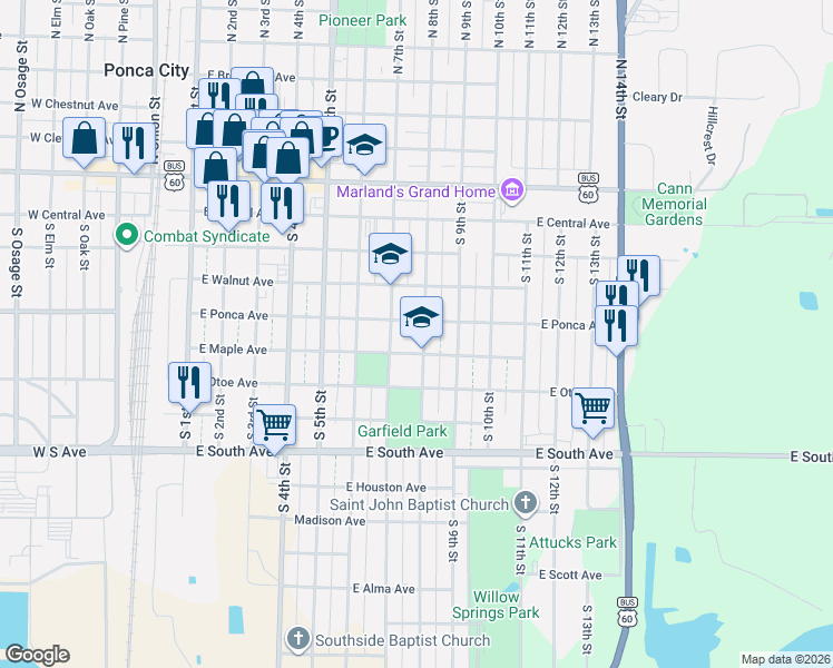 map of restaurants, bars, coffee shops, grocery stores, and more near 710 East Ponca Avenue in Ponca City