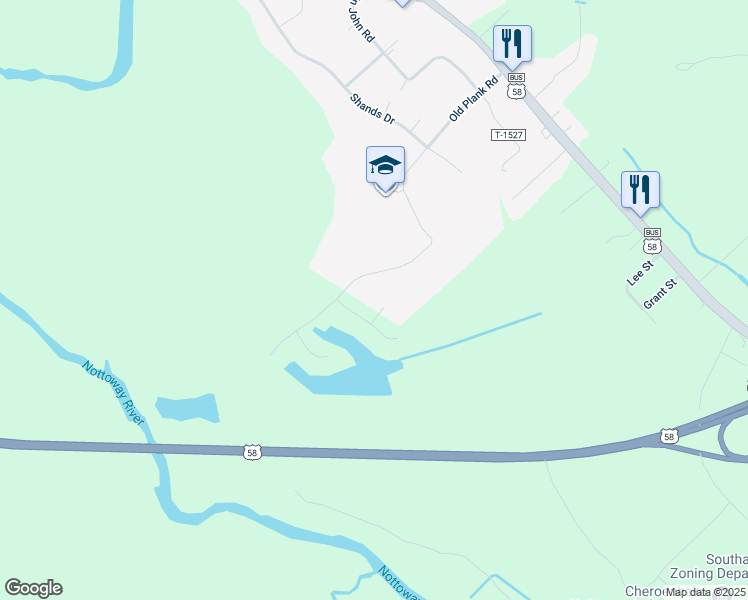 map of restaurants, bars, coffee shops, grocery stores, and more near 23415 Wyanoke Lane in Courtland