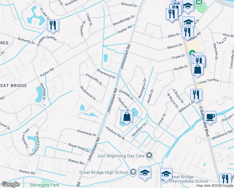 map of restaurants, bars, coffee shops, grocery stores, and more near 433 Flintlock Road in Chesapeake