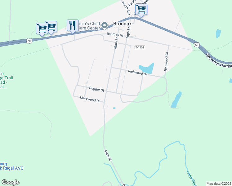 map of restaurants, bars, coffee shops, grocery stores, and more near 50 Dugger Street in Brodnax