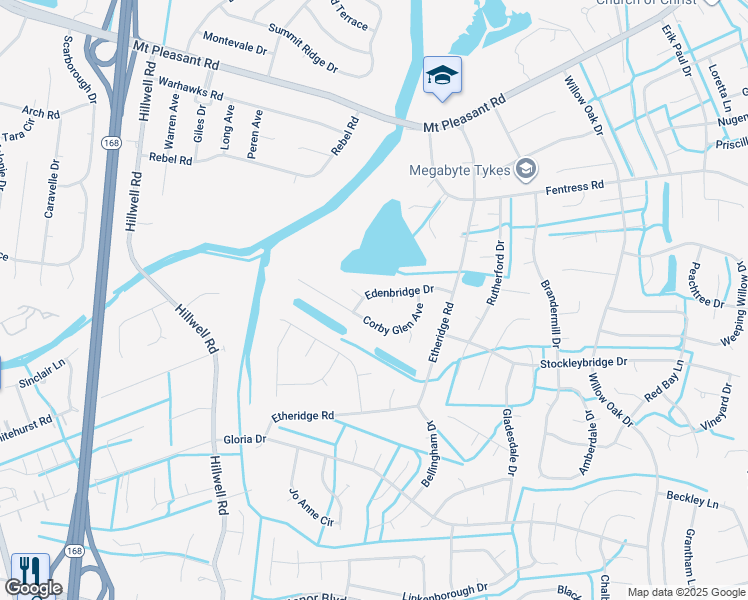 map of restaurants, bars, coffee shops, grocery stores, and more near 709 Edenbridge Drive in Chesapeake