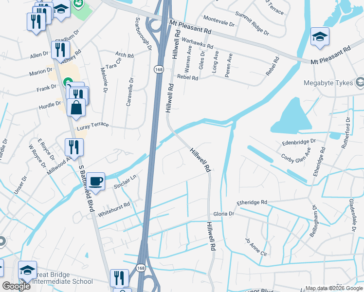 map of restaurants, bars, coffee shops, grocery stores, and more near 716B Hillwell Road in Chesapeake