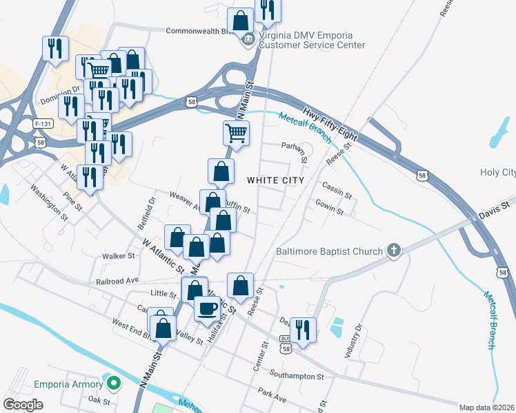 map of restaurants, bars, coffee shops, grocery stores, and more near 201 Turner Street in Emporia