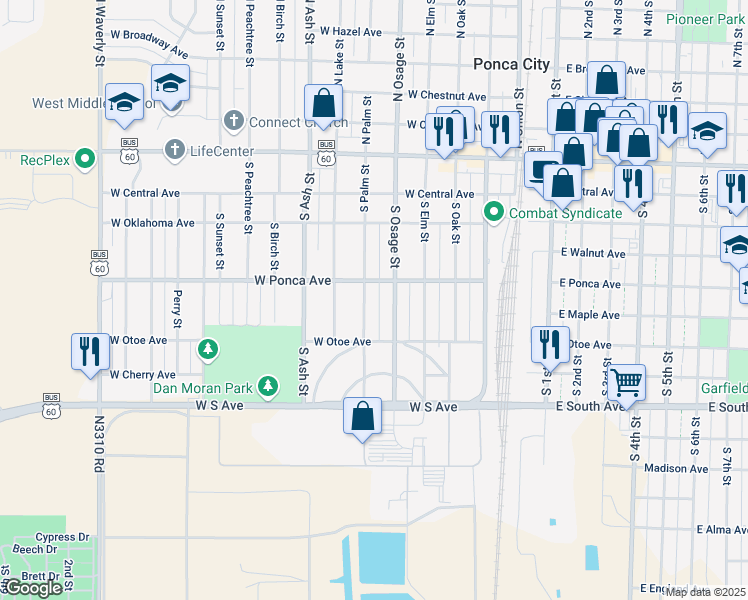 map of restaurants, bars, coffee shops, grocery stores, and more near 408 South Palm Street in Ponca City