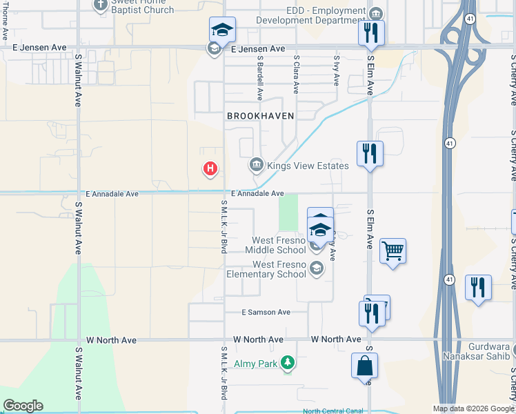 map of restaurants, bars, coffee shops, grocery stores, and more near 2821 South Bardell Avenue in Fresno