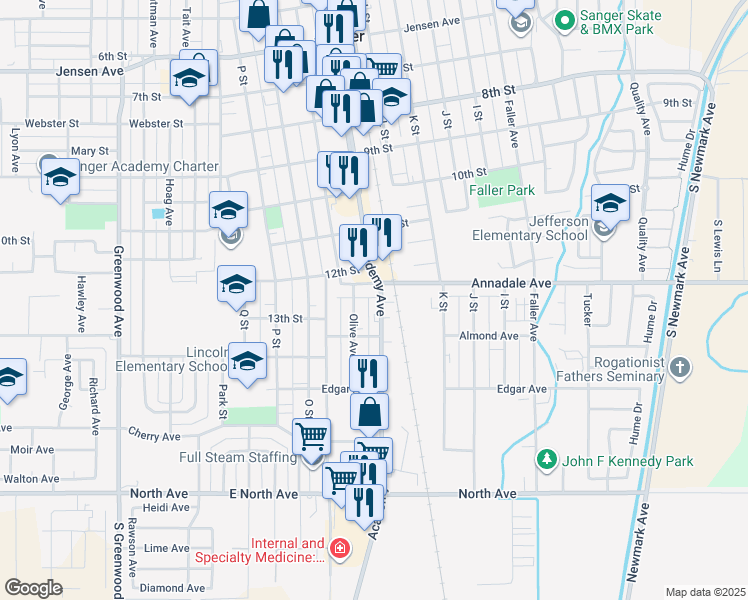 map of restaurants, bars, coffee shops, grocery stores, and more near 1215 Academy Avenue in Sanger