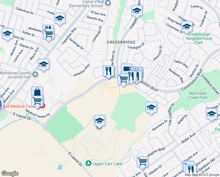 map of restaurants, bars, coffee shops, grocery stores, and more near 98 Manchester Cir in Salinas