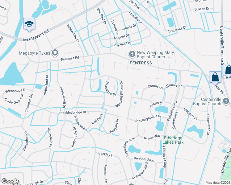 map of restaurants, bars, coffee shops, grocery stores, and more near 743 Peachtree Drive in Chesapeake