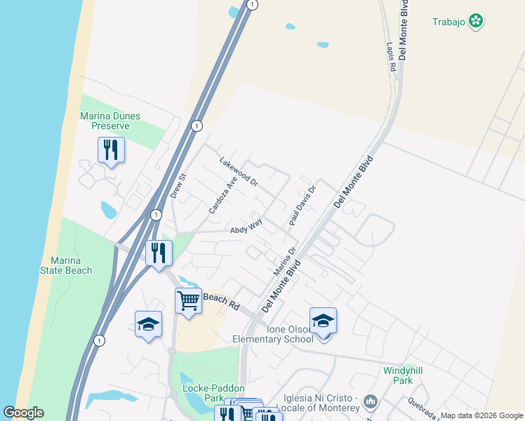 map of restaurants, bars, coffee shops, grocery stores, and more near 3321 Abdy Way in Marina