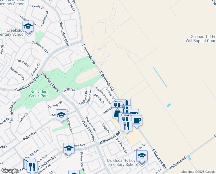 map of restaurants, bars, coffee shops, grocery stores, and more near 831 Cactus Court in Salinas