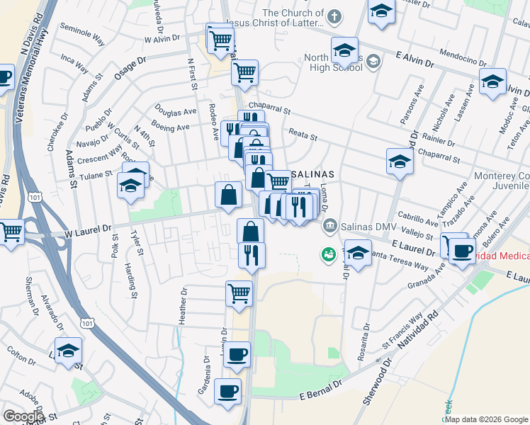 map of restaurants, bars, coffee shops, grocery stores, and more near in Salinas
