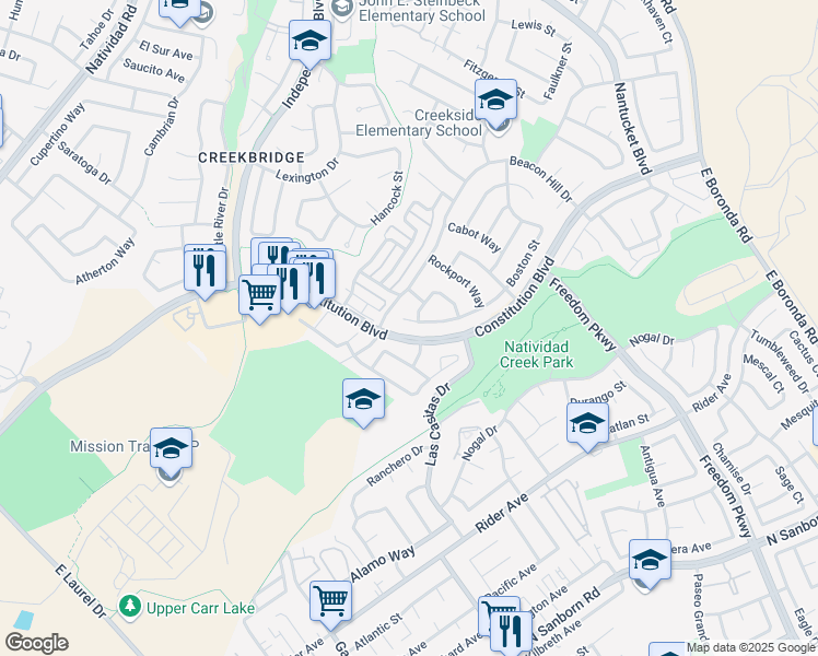 map of restaurants, bars, coffee shops, grocery stores, and more near 5 Boston Circle in Salinas