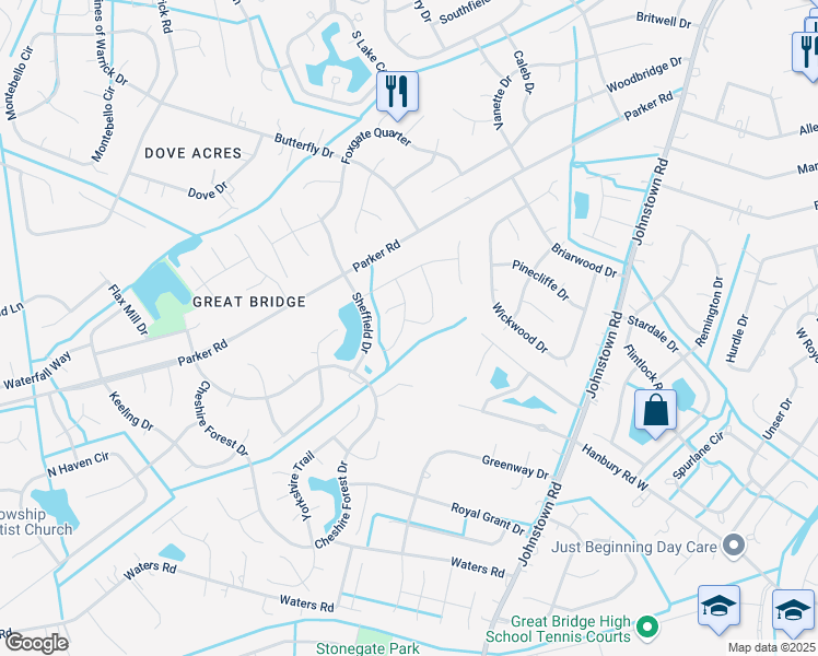 map of restaurants, bars, coffee shops, grocery stores, and more near 521 Yorkshire Drive in Chesapeake