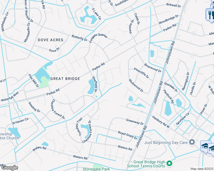 map of restaurants, bars, coffee shops, grocery stores, and more near 521 Yorkshire Drive in Chesapeake