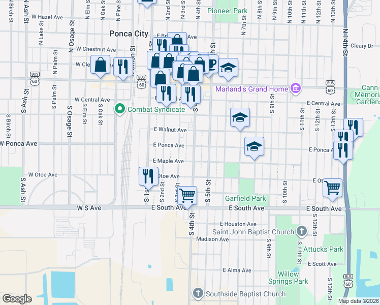 map of restaurants, bars, coffee shops, grocery stores, and more near 505 South 4th Street in Ponca City