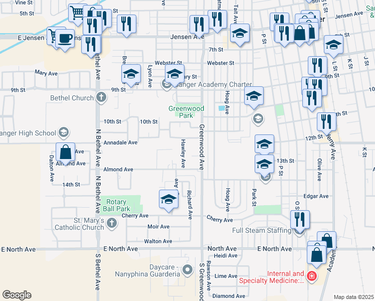 map of restaurants, bars, coffee shops, grocery stores, and more near 1210 Hawley Avenue in Sanger