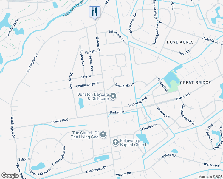 map of restaurants, bars, coffee shops, grocery stores, and more near 645 Waters Road in Chesapeake