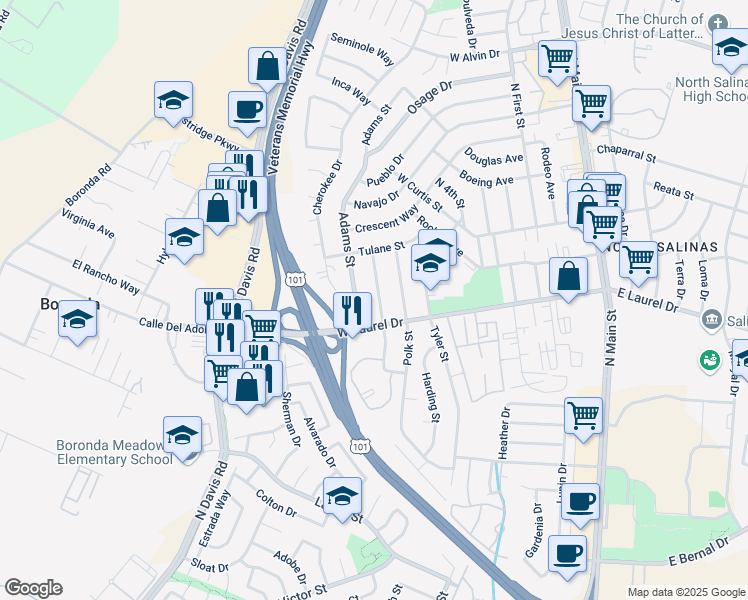 map of restaurants, bars, coffee shops, grocery stores, and more near 1217 Monroe Street in Salinas
