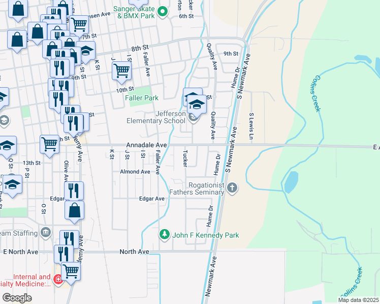 map of restaurants, bars, coffee shops, grocery stores, and more near 1241 Tucker in Sanger