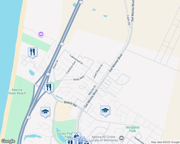 map of restaurants, bars, coffee shops, grocery stores, and more near 171 Pacific Court in Marina