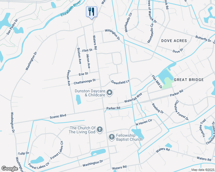 map of restaurants, bars, coffee shops, grocery stores, and more near 645 Waters Road in Chesapeake