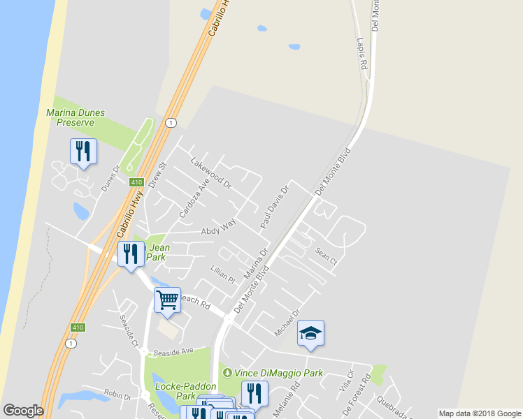 map of restaurants, bars, coffee shops, grocery stores, and more near 171 Pacific Court in Marina