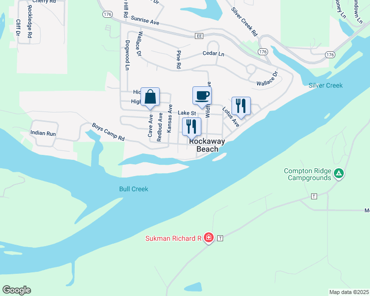map of restaurants, bars, coffee shops, grocery stores, and more near 3015 State Highway 176 in Rockaway Beach