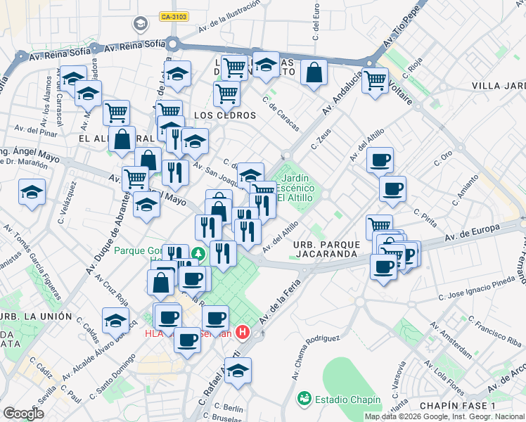 map of restaurants, bars, coffee shops, grocery stores, and more near 2 Calle Ursulinas in Jerez de la Frontera