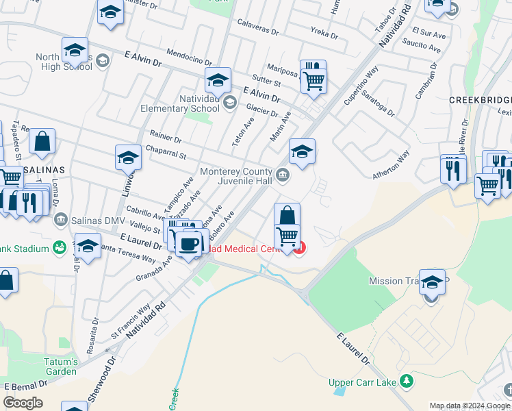 map of restaurants, bars, coffee shops, grocery stores, and more near 1326 Natividad Road in Salinas