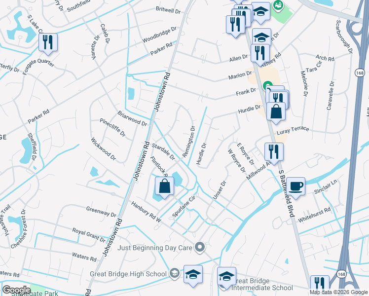 map of restaurants, bars, coffee shops, grocery stores, and more near 300 Franconia Drive in Chesapeake