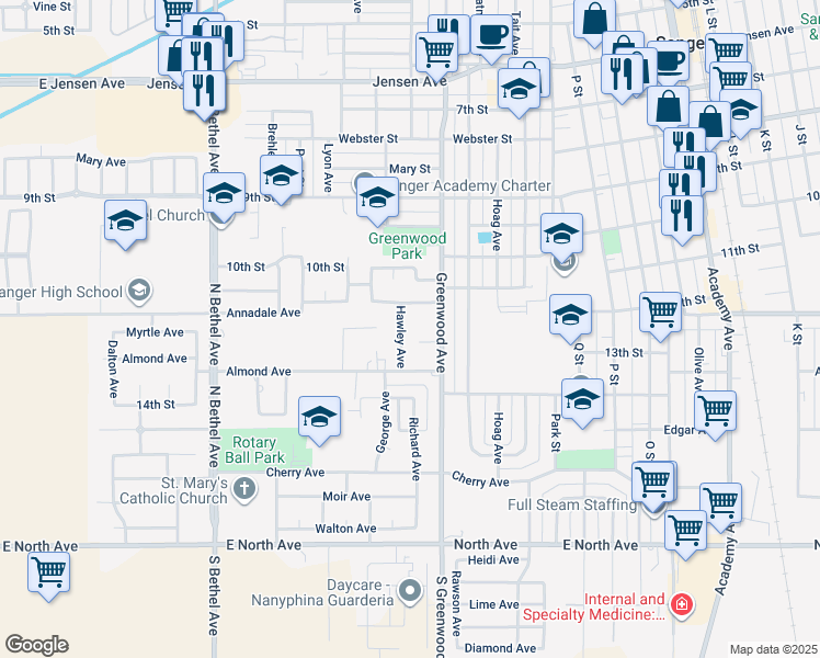 map of restaurants, bars, coffee shops, grocery stores, and more near 1210 Hawley Avenue in Sanger