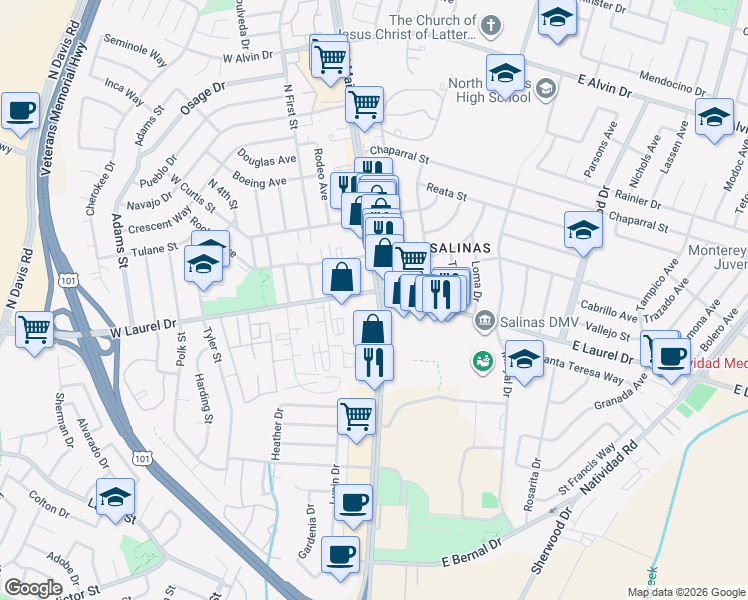 map of restaurants, bars, coffee shops, grocery stores, and more near 1191 North Main Street in Salinas