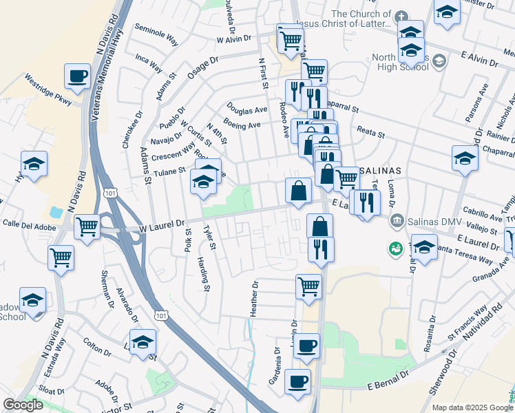 map of restaurants, bars, coffee shops, grocery stores, and more near 314 West Laurel Drive in Salinas