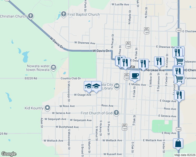 map of restaurants, bars, coffee shops, grocery stores, and more near 143 South Walnut Street in Nowata
