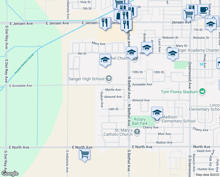 map of restaurants, bars, coffee shops, grocery stores, and more near 2776 Myrtle Ave in Sanger