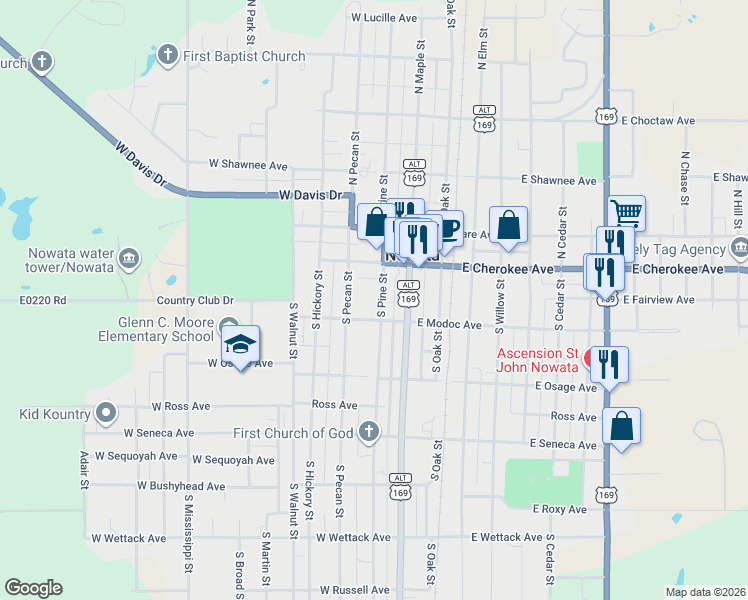 map of restaurants, bars, coffee shops, grocery stores, and more near 132 South Pine Street in Nowata