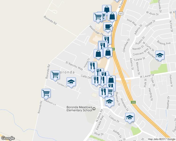 map of restaurants, bars, coffee shops, grocery stores, and more near 17145 El Rancho Way in Salinas